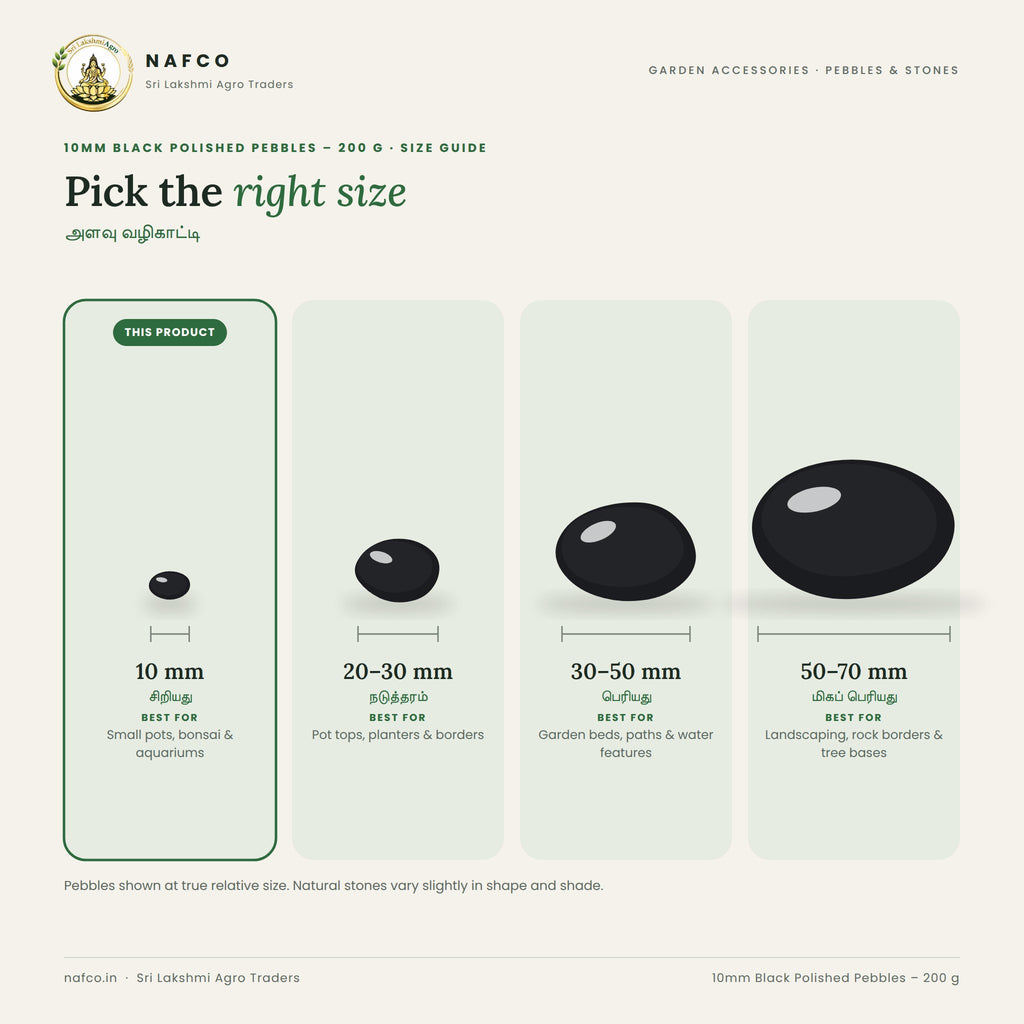 10mm Black Polished Pebbles – 200 g – size guide