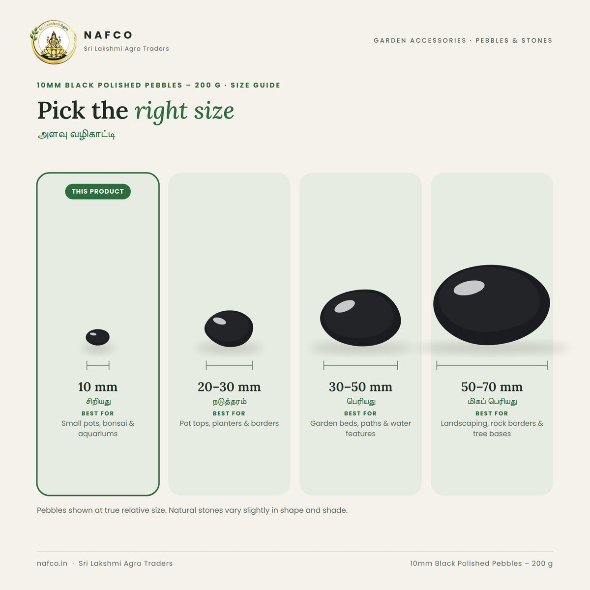 10mm Black Polished Pebbles – 200 g – size guide