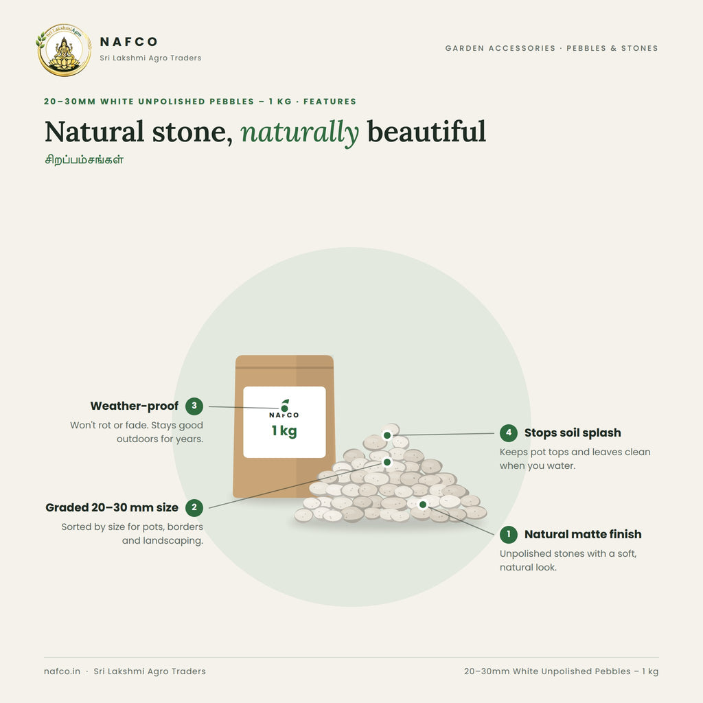 20–30mm White Unpolished Pebbles – 1 kg – features