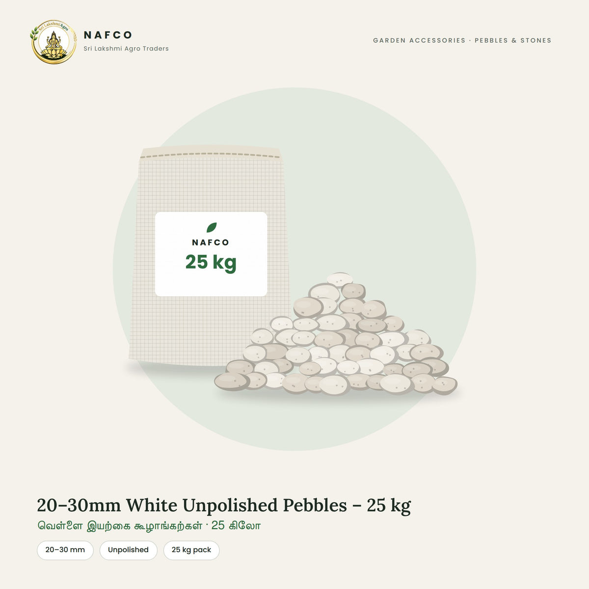 20–30mm White Unpolished Pebbles – 25 kg