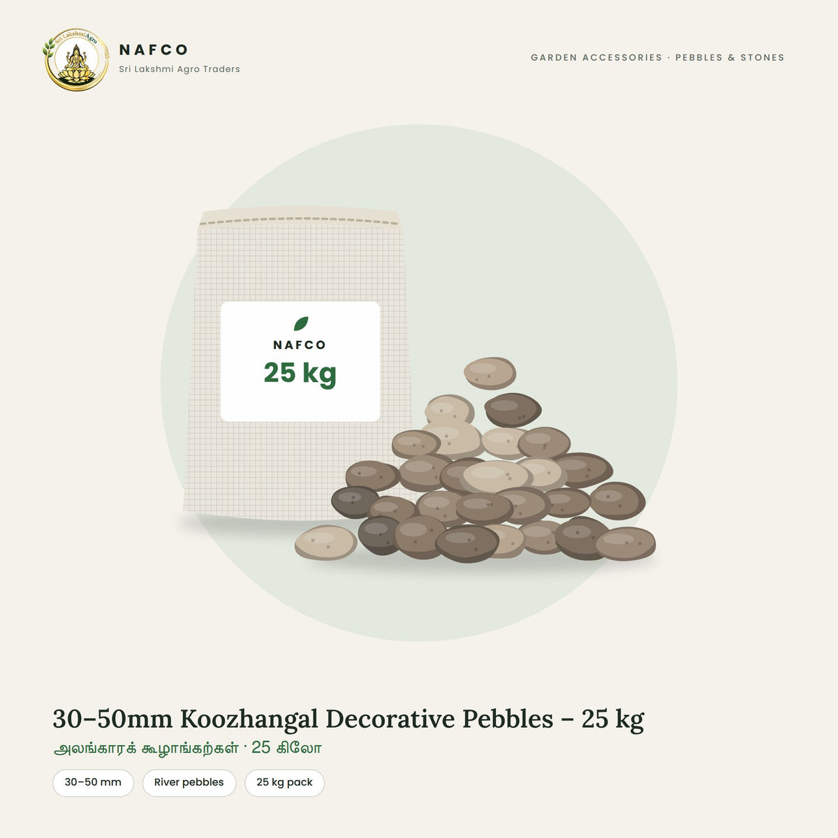 30–50mm Koozhangal Decorative Pebbles – 25 kg
