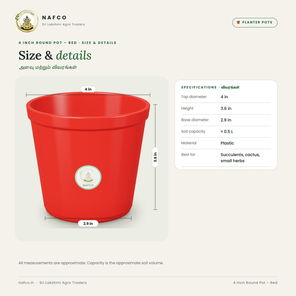 4 Inch Round Pot – Red – size and details