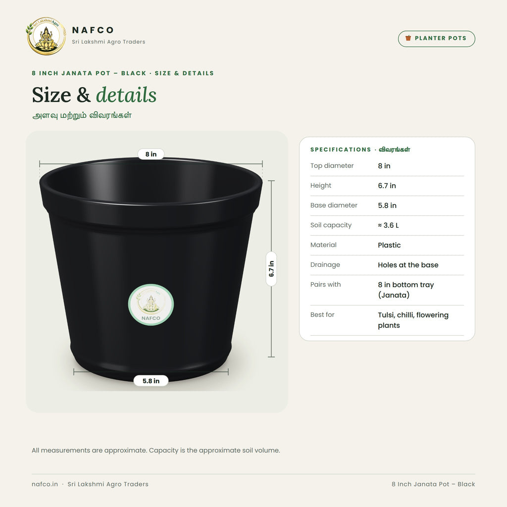 8 Inch Janata Pot – Black – size and details
