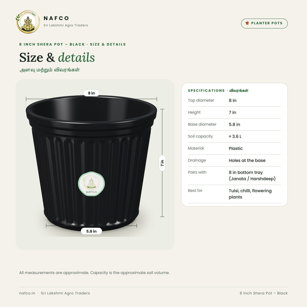 8 Inch Shera Pot – Black – size and details
