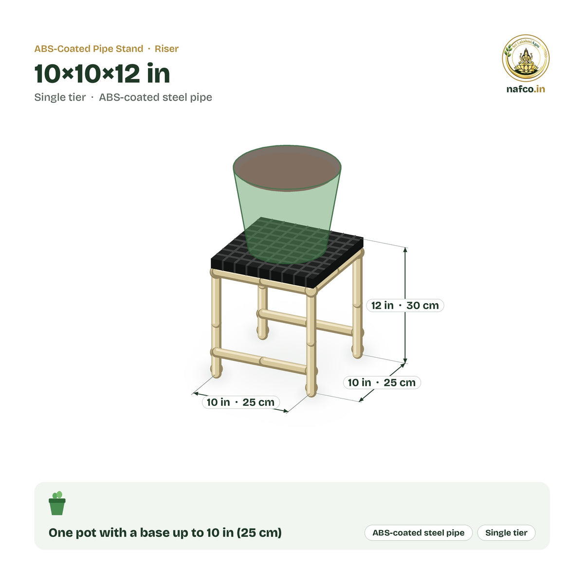 ABS-Coated Pipe Stand – 10×10×12 in size guide with dimensions and how many pots it holds
