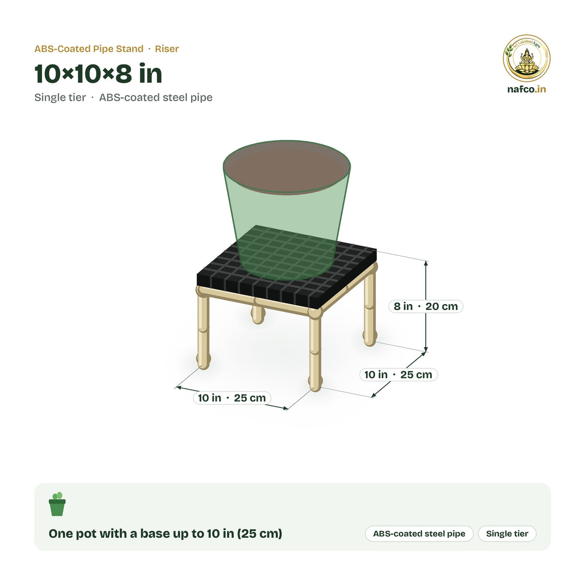 ABS-Coated Pipe Stand – 10×10×8 in size guide with dimensions and how many pots it holds