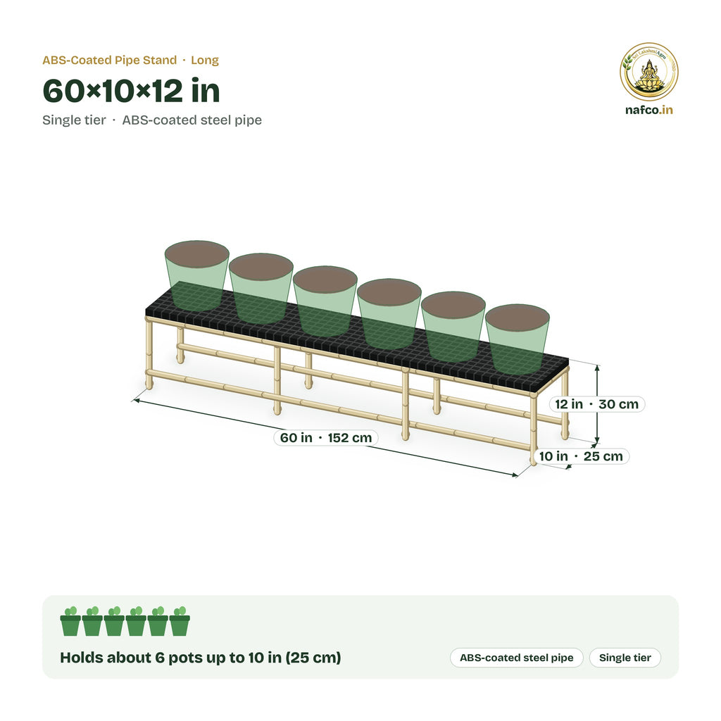 ABS-Coated Pipe Stand – 60×10×12 in size guide with dimensions and how many pots it holds