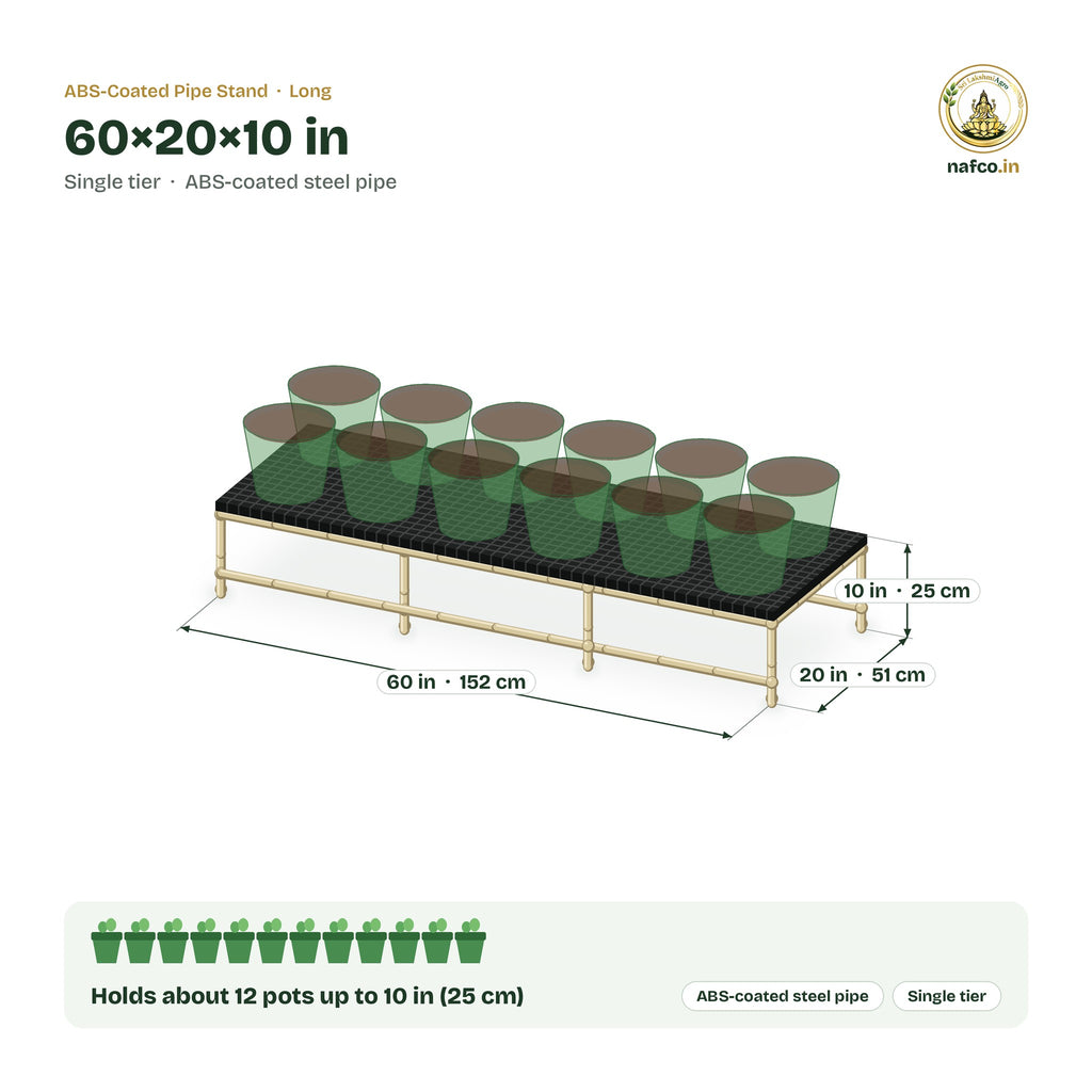 ABS-Coated Pipe Stand – 60×20×10 in size guide with dimensions and how many pots it holds
