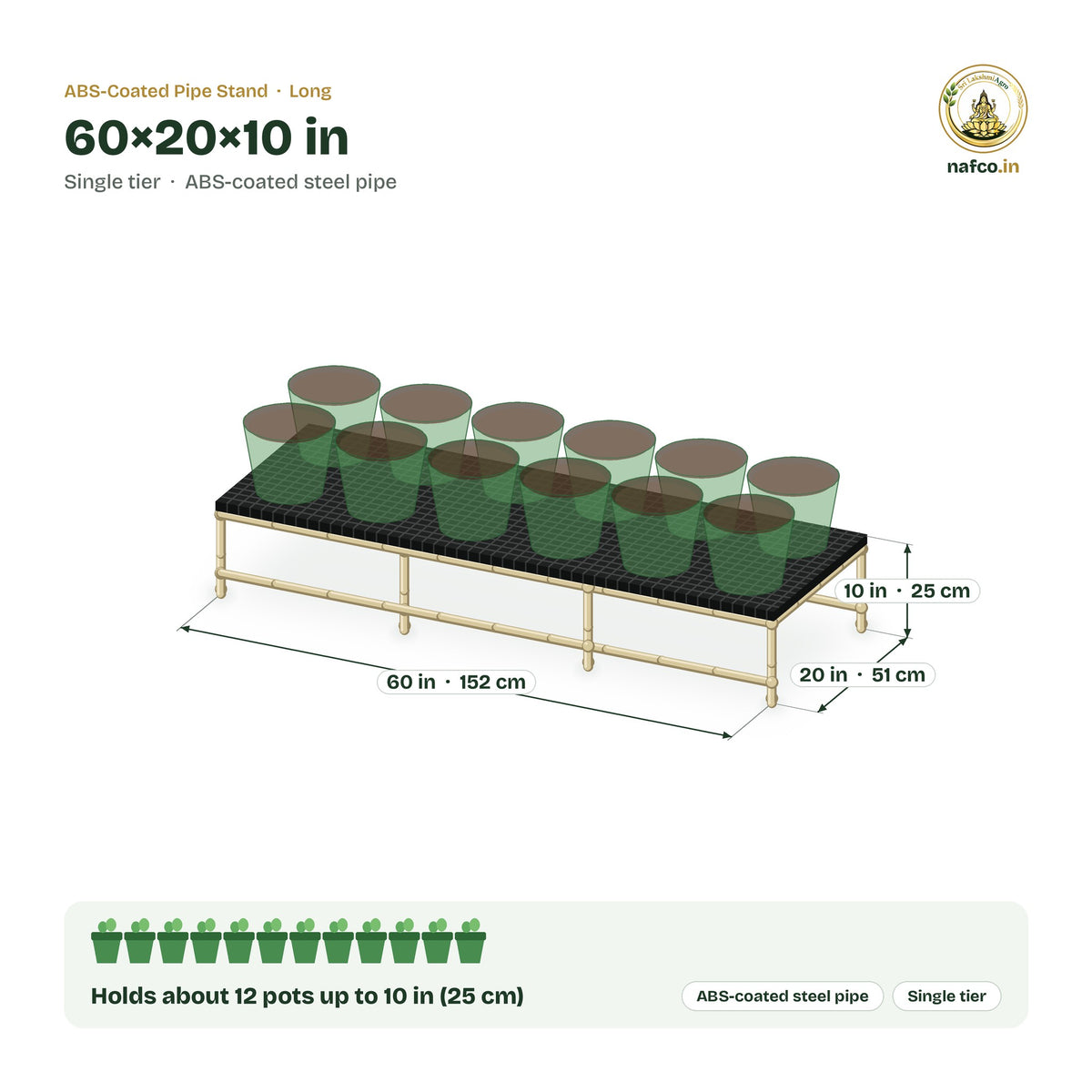 ABS-Coated Pipe Stand – 60×20×10 in size guide with dimensions and how many pots it holds
