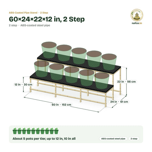 ABS-Coated Pipe Stand – 60×24×22×12 in, 2 Step size guide with dimensions and how many pots it holds