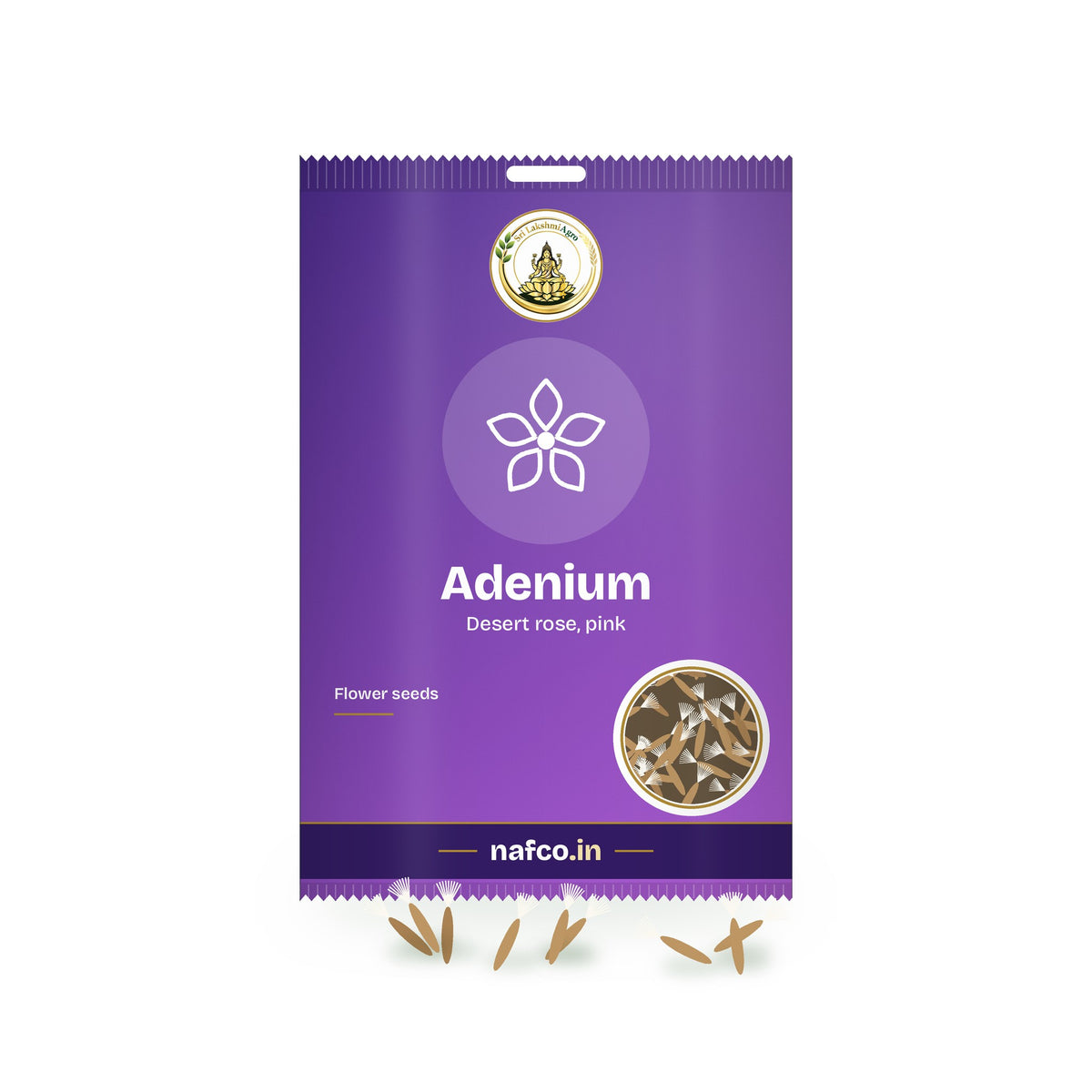 Adenium Seeds – Pink: Sri Lakshmi Agro seed packet with a window showing the seeds