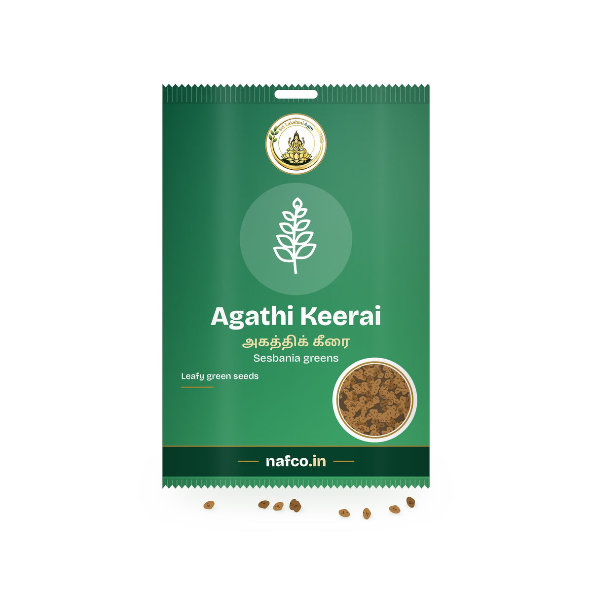 Agathi Keerai Seeds: Sri Lakshmi Agro seed packet with a window showing the seeds