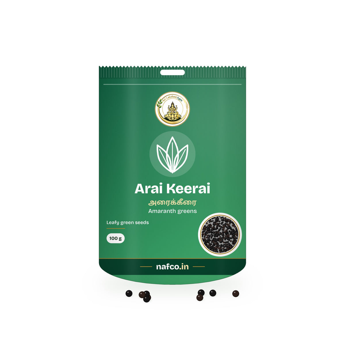 Arai Keerai Seeds – 100 g: Sri Lakshmi Agro seed packet with a window showing the seeds