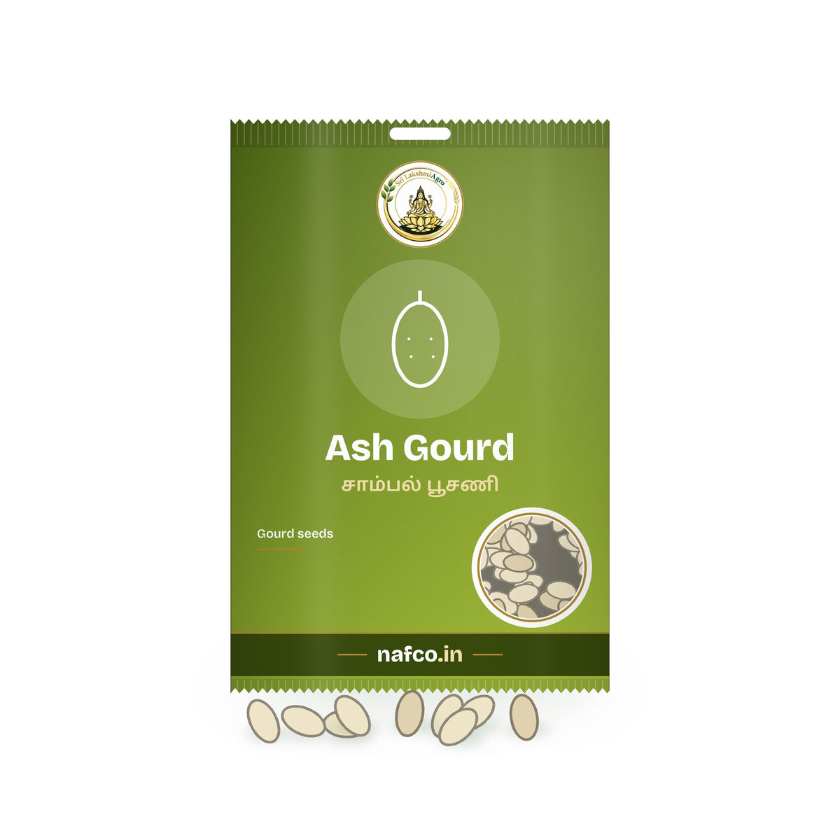 Ash Gourd Seeds: Sri Lakshmi Agro seed packet with a window showing the seeds