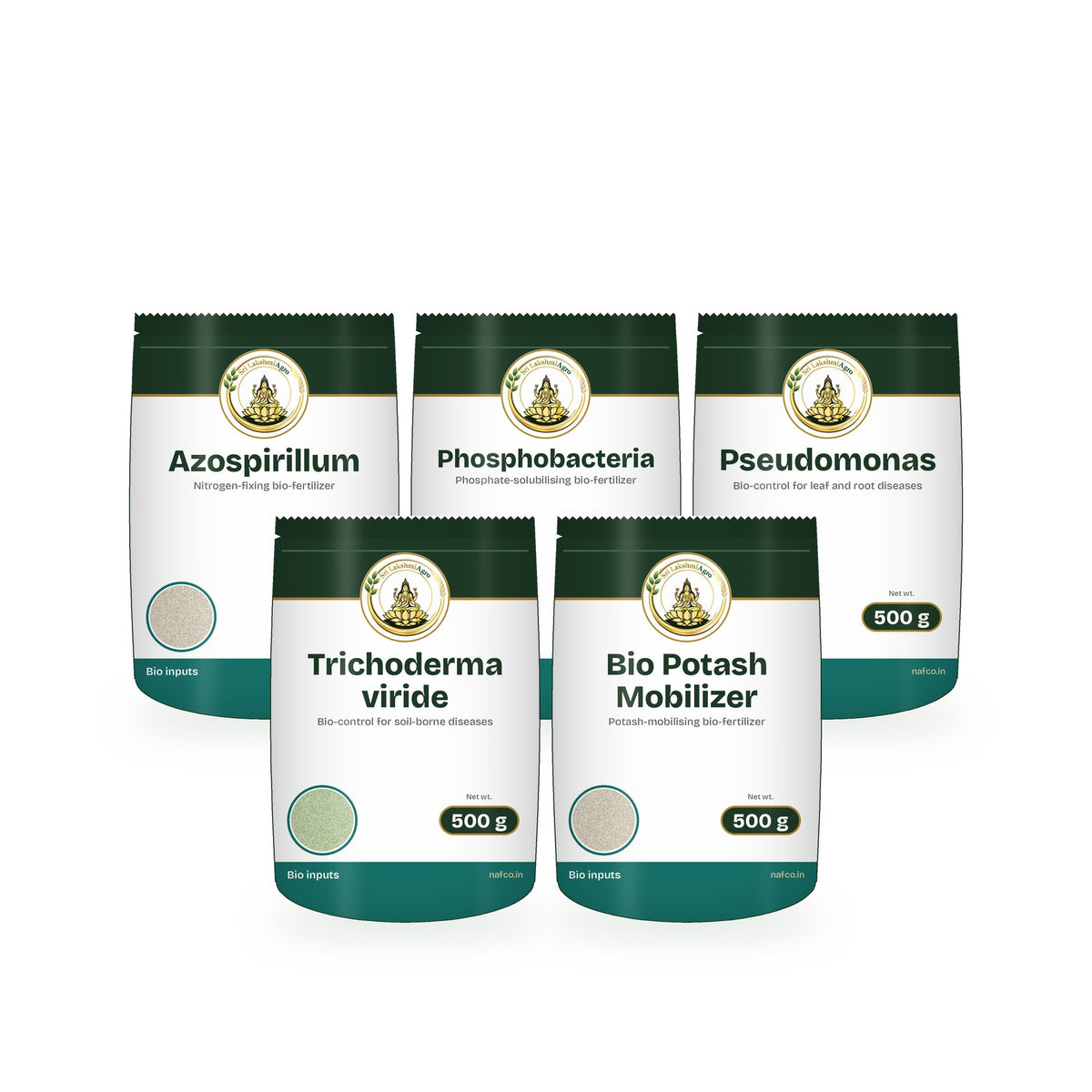 Bio Fertilizer Combo – 2.5 kg (5 × 500 g): Sri Lakshmi Agro packs shown together