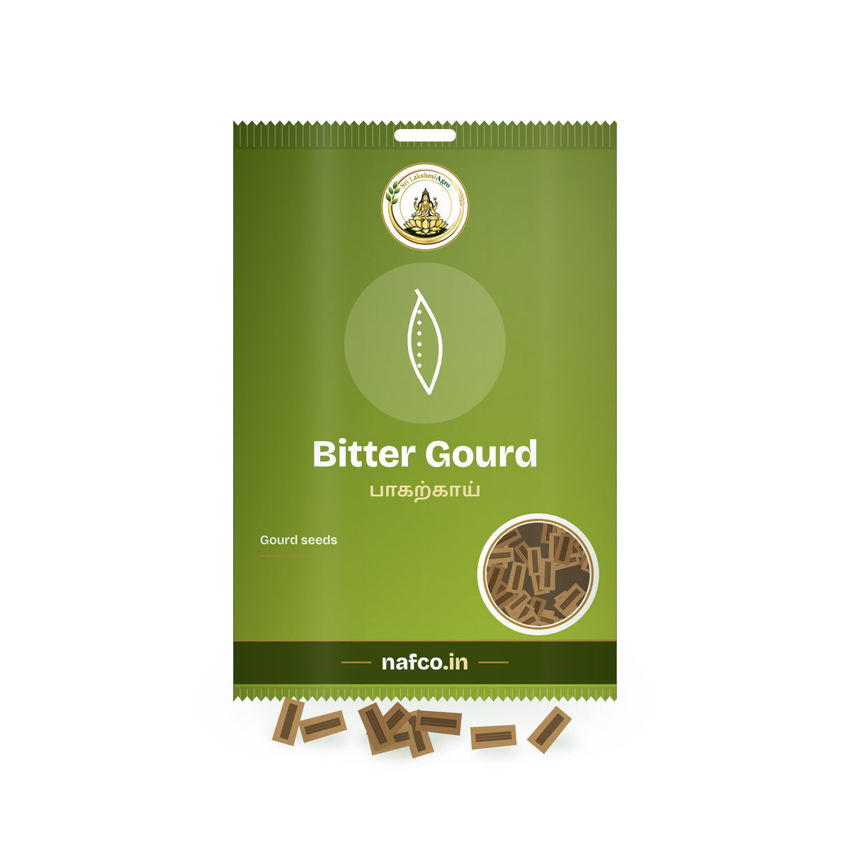 Bitter Gourd Seeds: Sri Lakshmi Agro seed packet with a window showing the seeds