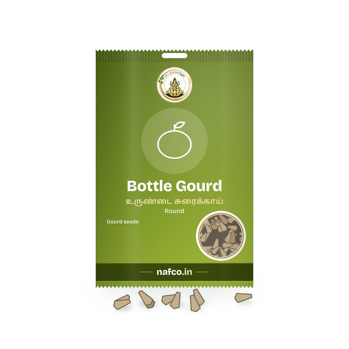 Bottle Gourd Seeds – Round: Sri Lakshmi Agro seed packet with a window showing the seeds