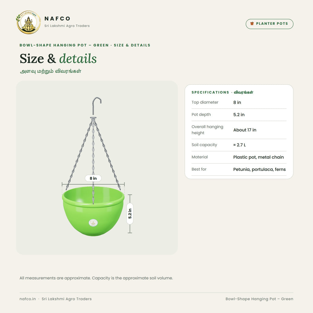 Bowl-Shape Hanging Pot – Green – size and details