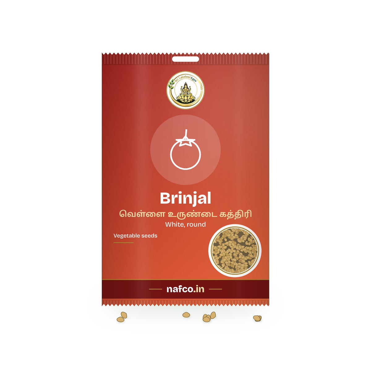 Brinjal Seeds – White Round: Sri Lakshmi Agro seed packet with a window showing the seeds
