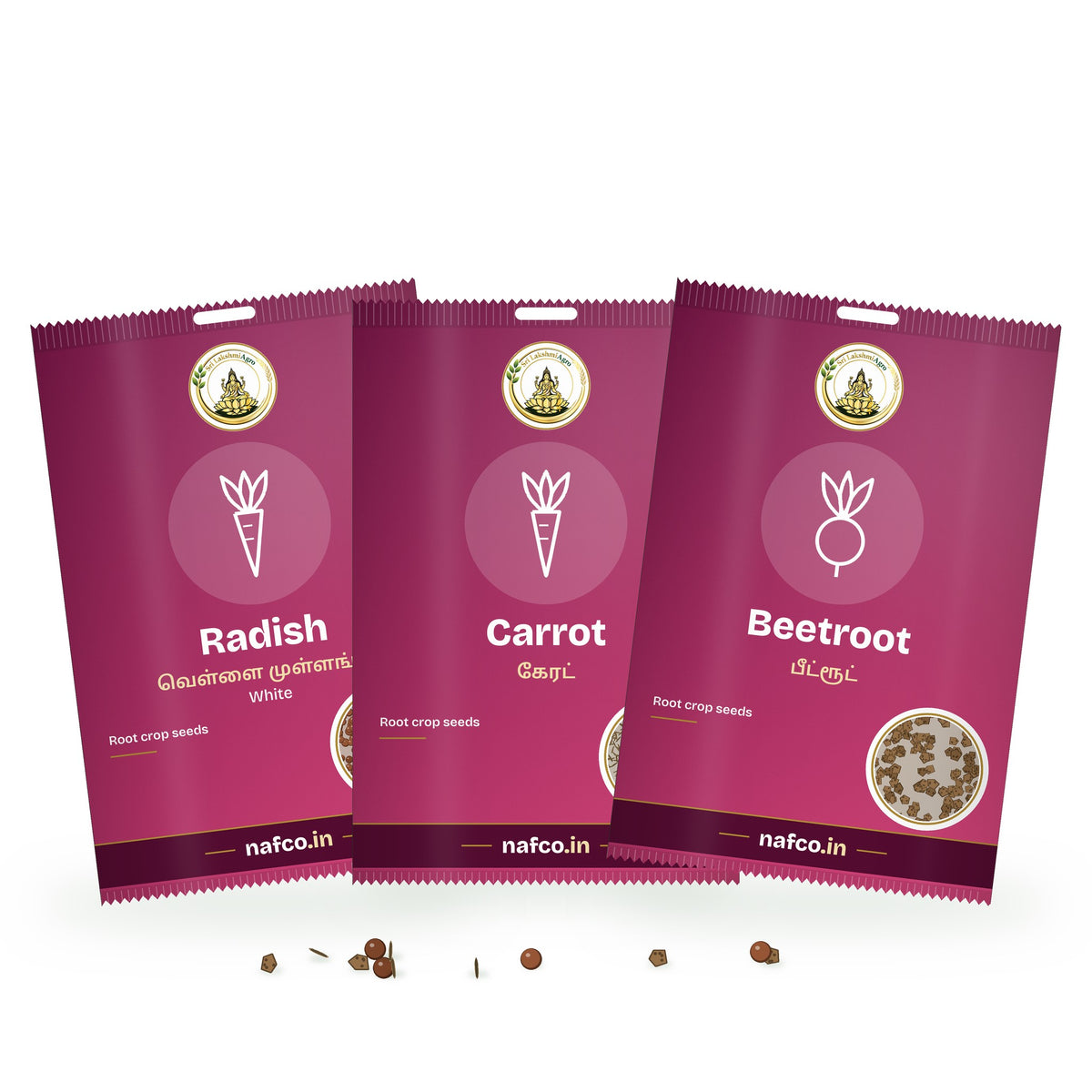 Carrot, Beetroot & Radish Seeds Combo: Sri Lakshmi Agro seed packets grouped together