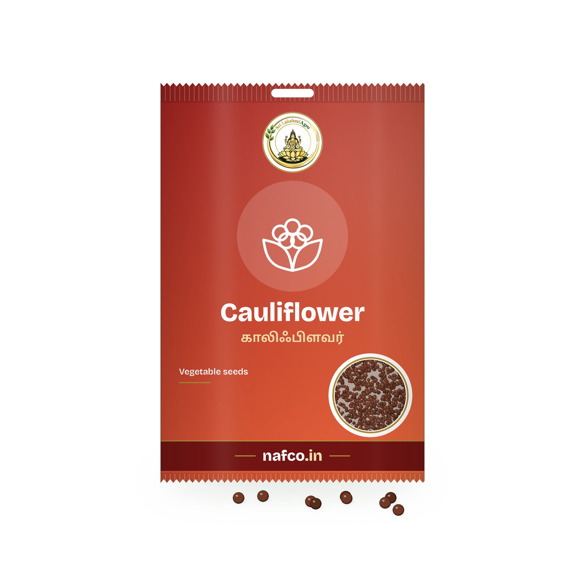 Cauliflower Seeds: Sri Lakshmi Agro seed packet with a window showing the seeds