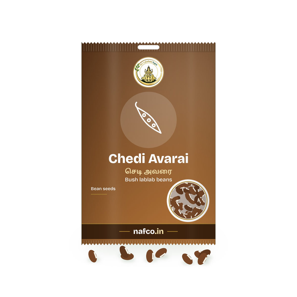Chedi Avarai Seeds (Bush Lablab): Sri Lakshmi Agro seed packet with a window showing the seeds