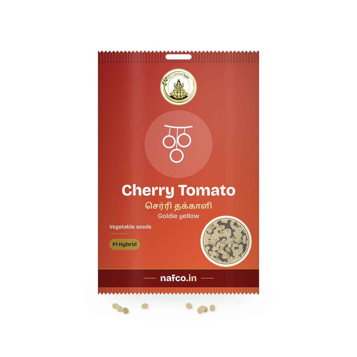 Cherry Tomato F1 Hybrid Seeds – Goldie Yellow: Sri Lakshmi Agro seed packet with a window showing the seeds