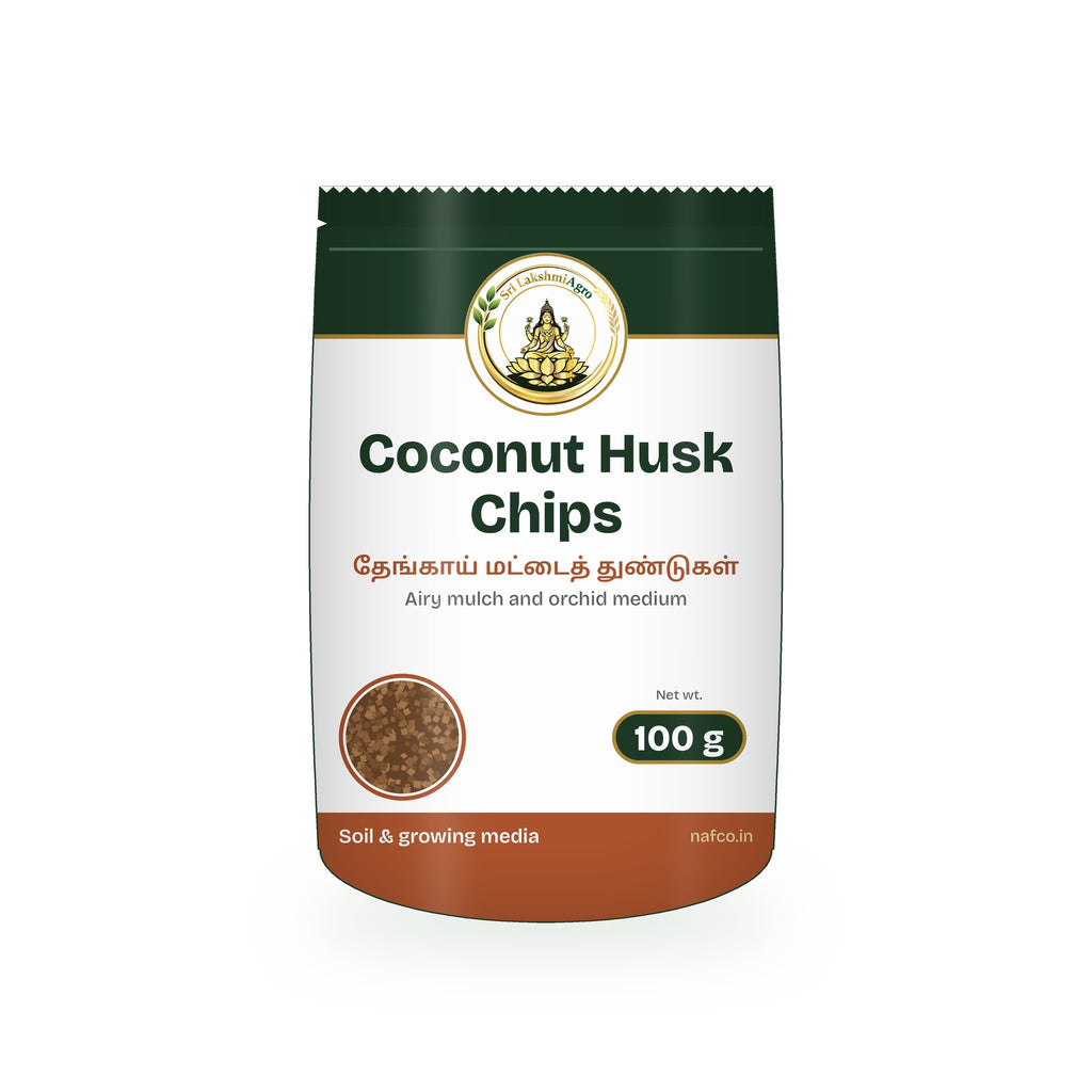 Coconut Husk Chips – 100 g in a Sri Lakshmi Agro stand-up pouch