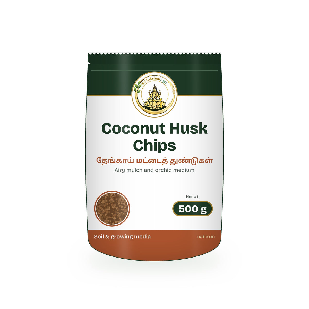 Coconut Husk Chips – 500 g in a Sri Lakshmi Agro stand-up pouch