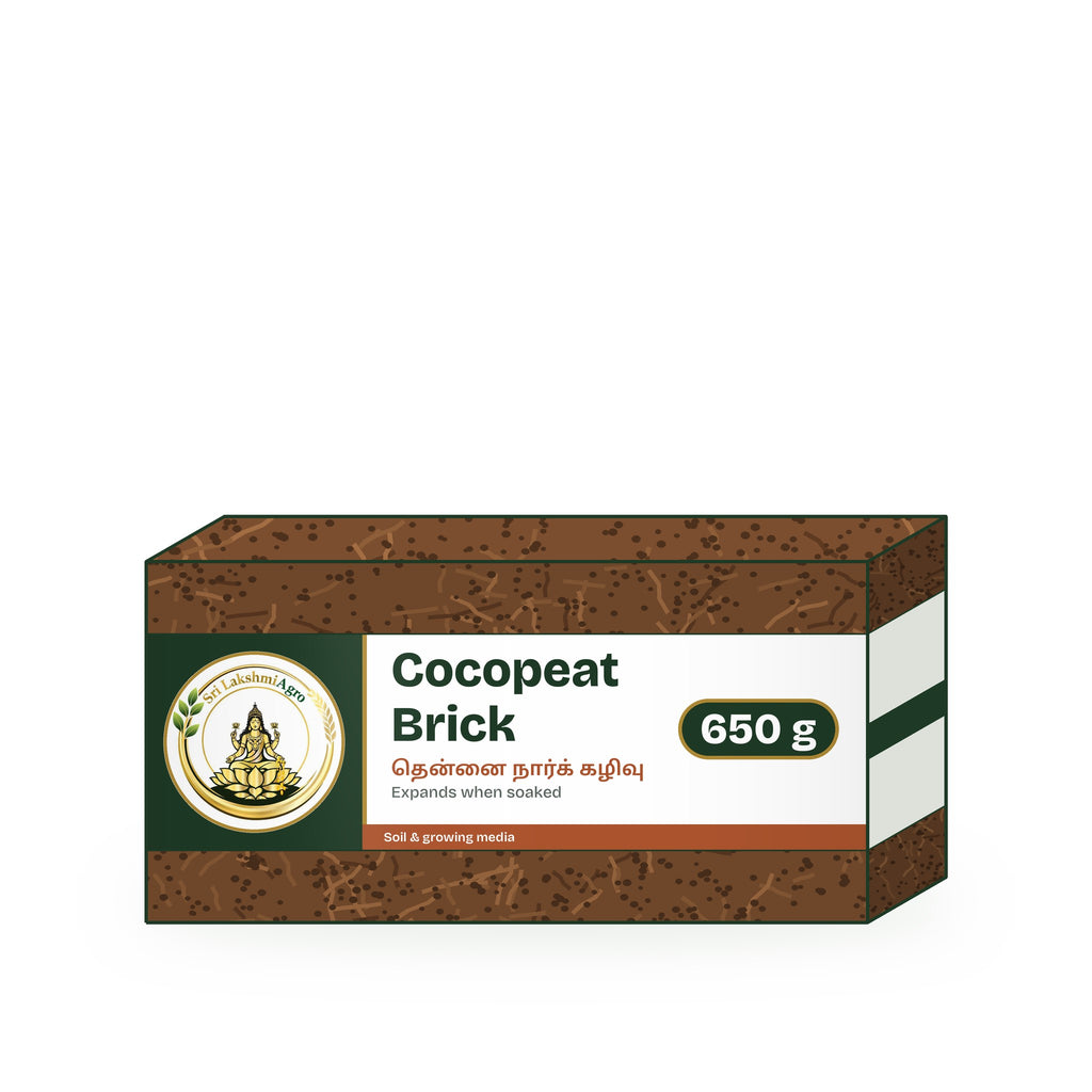 Cocopeat Brick – 650 g in a Sri Lakshmi Agro compressed brick