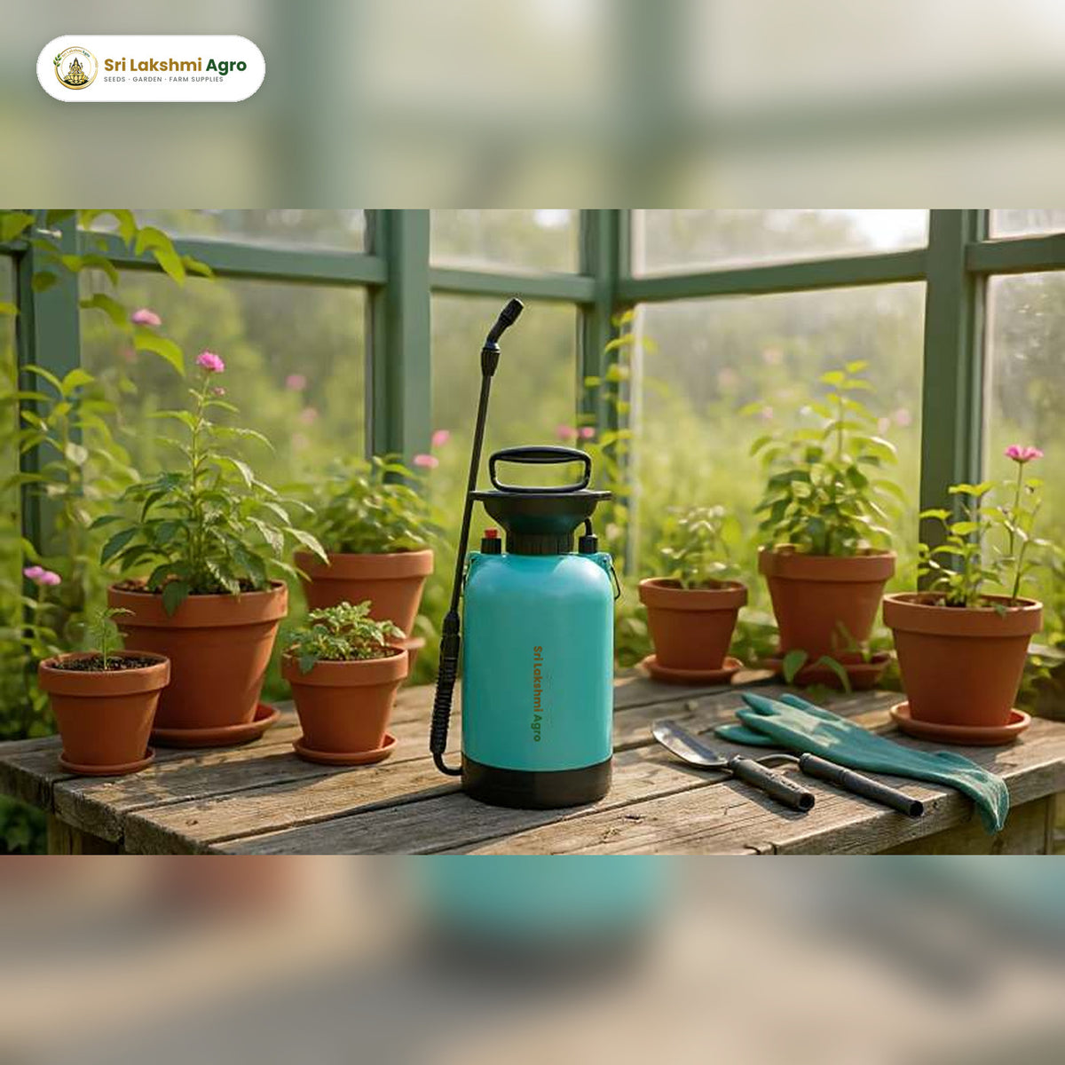 5 litre compression sprayer with lance in a greenhouse