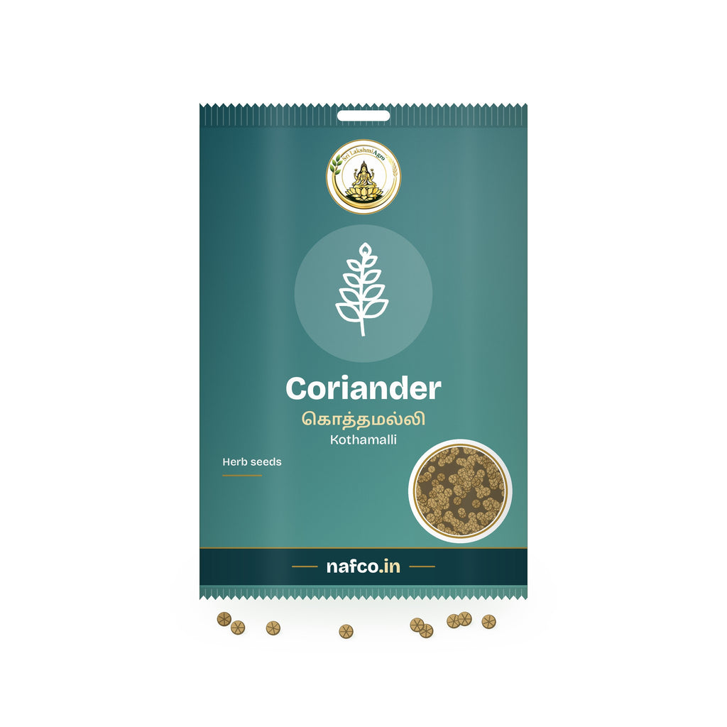 Coriander Seeds: Sri Lakshmi Agro seed packet with a window showing the seeds