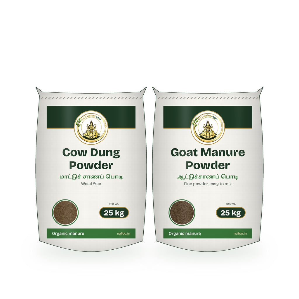 Cow Dung + Goat Manure Combo – 25 kg Each: Sri Lakshmi Agro packs shown together