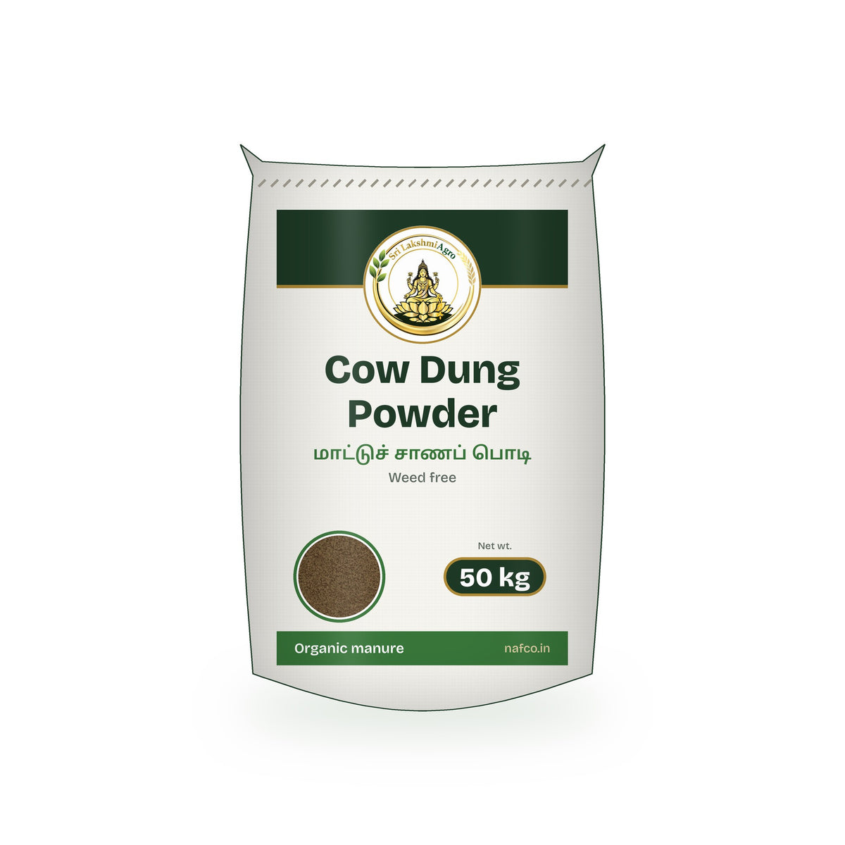 Cow Dung Powder (Weed Free) – 50 kg in a Sri Lakshmi Agro woven sack