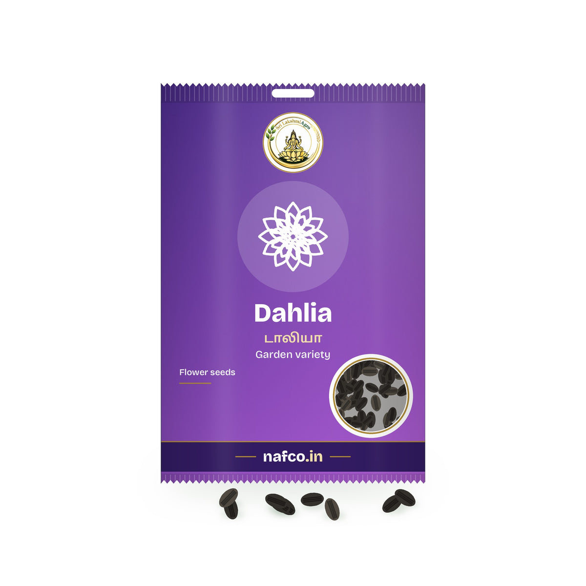 Dahlia Flower Seeds: Sri Lakshmi Agro seed packet with a window showing the seeds