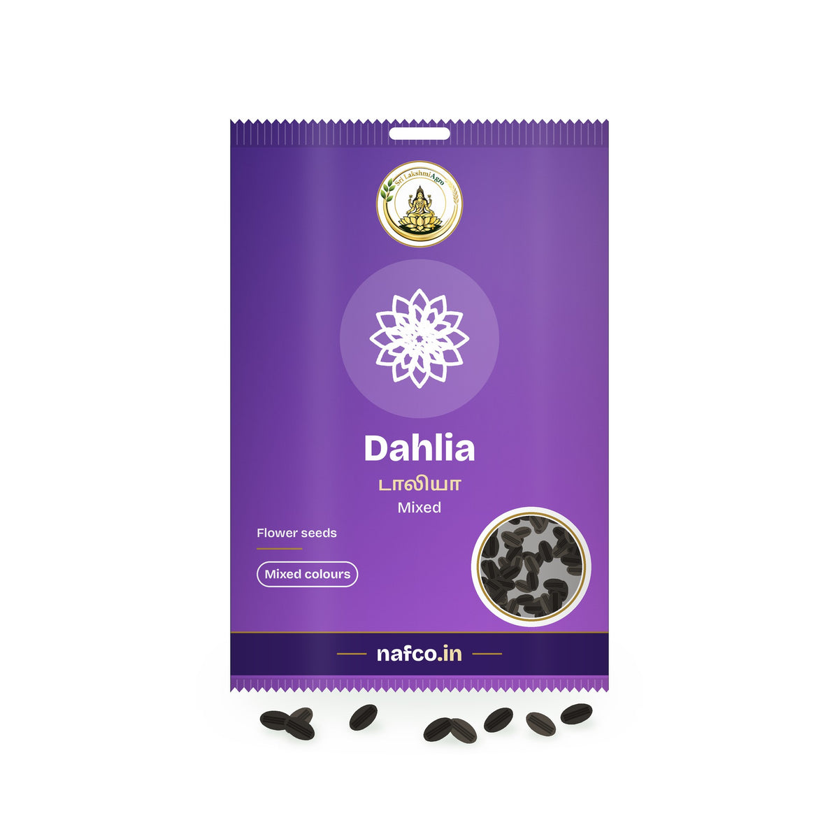 Dahlia Seeds – Mixed: Sri Lakshmi Agro seed packet with a window showing the seeds