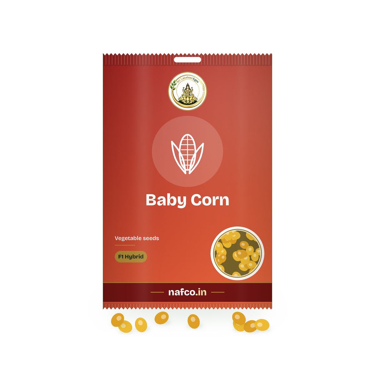F1 Hybrid Baby Corn Seeds: Sri Lakshmi Agro seed packet with a window showing the seeds