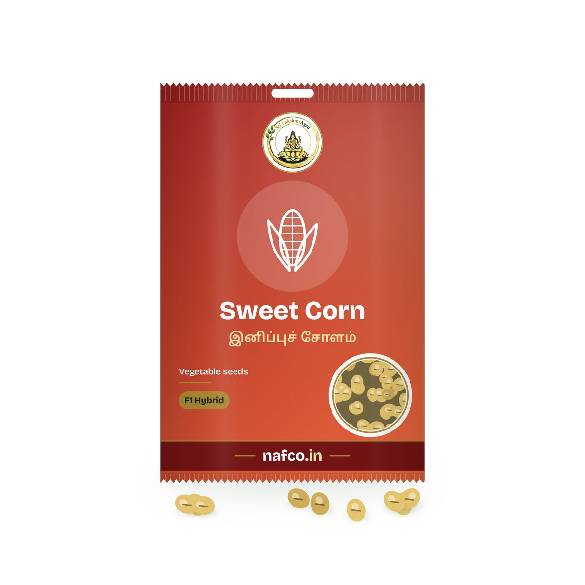F1 Hybrid Sweet Corn Seeds: Sri Lakshmi Agro seed packet with a window showing the seeds