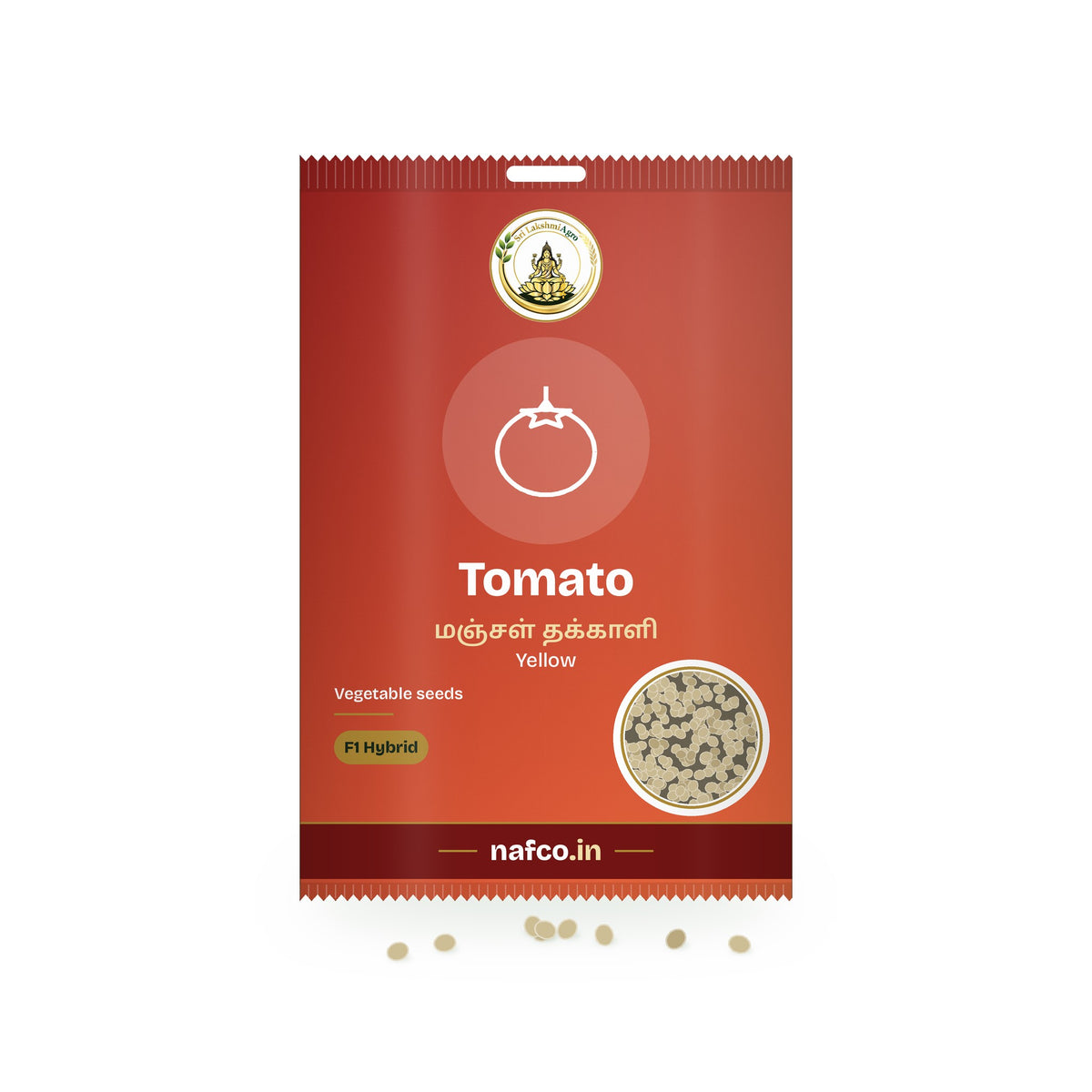 F1 Hybrid Tomato Seeds – Yellow: Sri Lakshmi Agro seed packet with a window showing the seeds