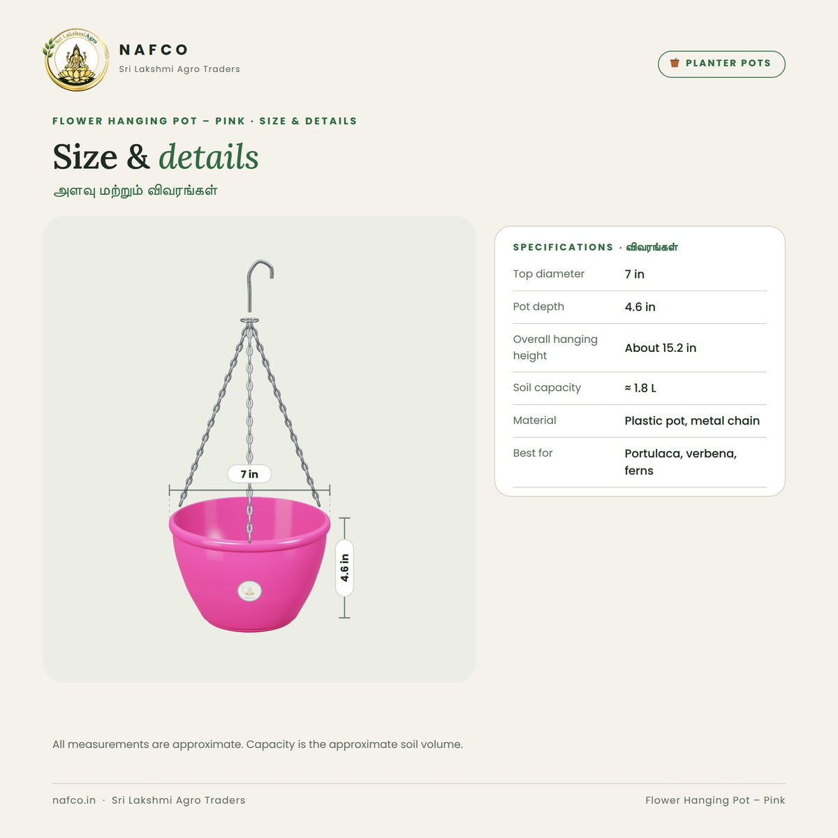 Flower Hanging Pot – Pink – size and details