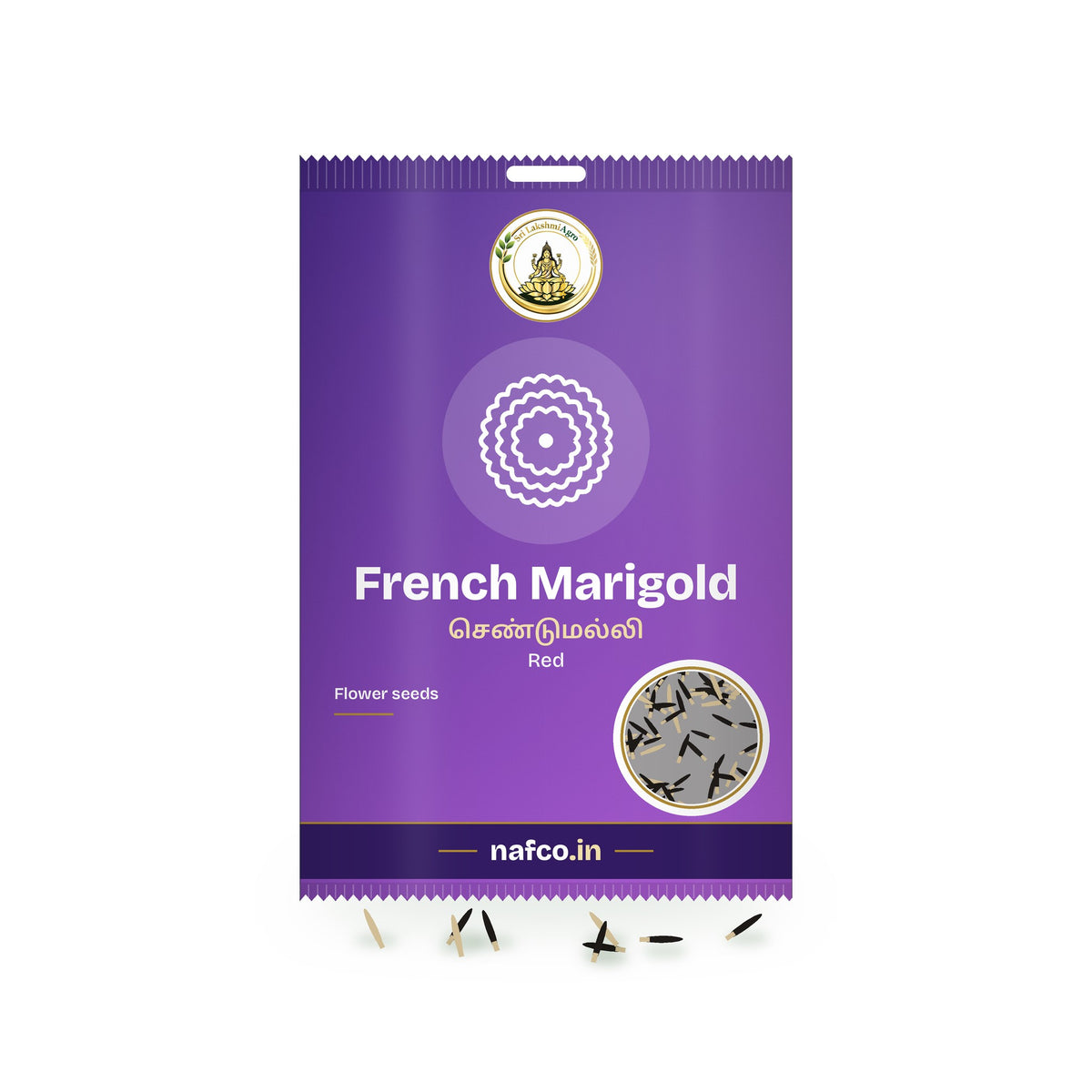 French Marigold Seeds – Red: Sri Lakshmi Agro seed packet with a window showing the seeds