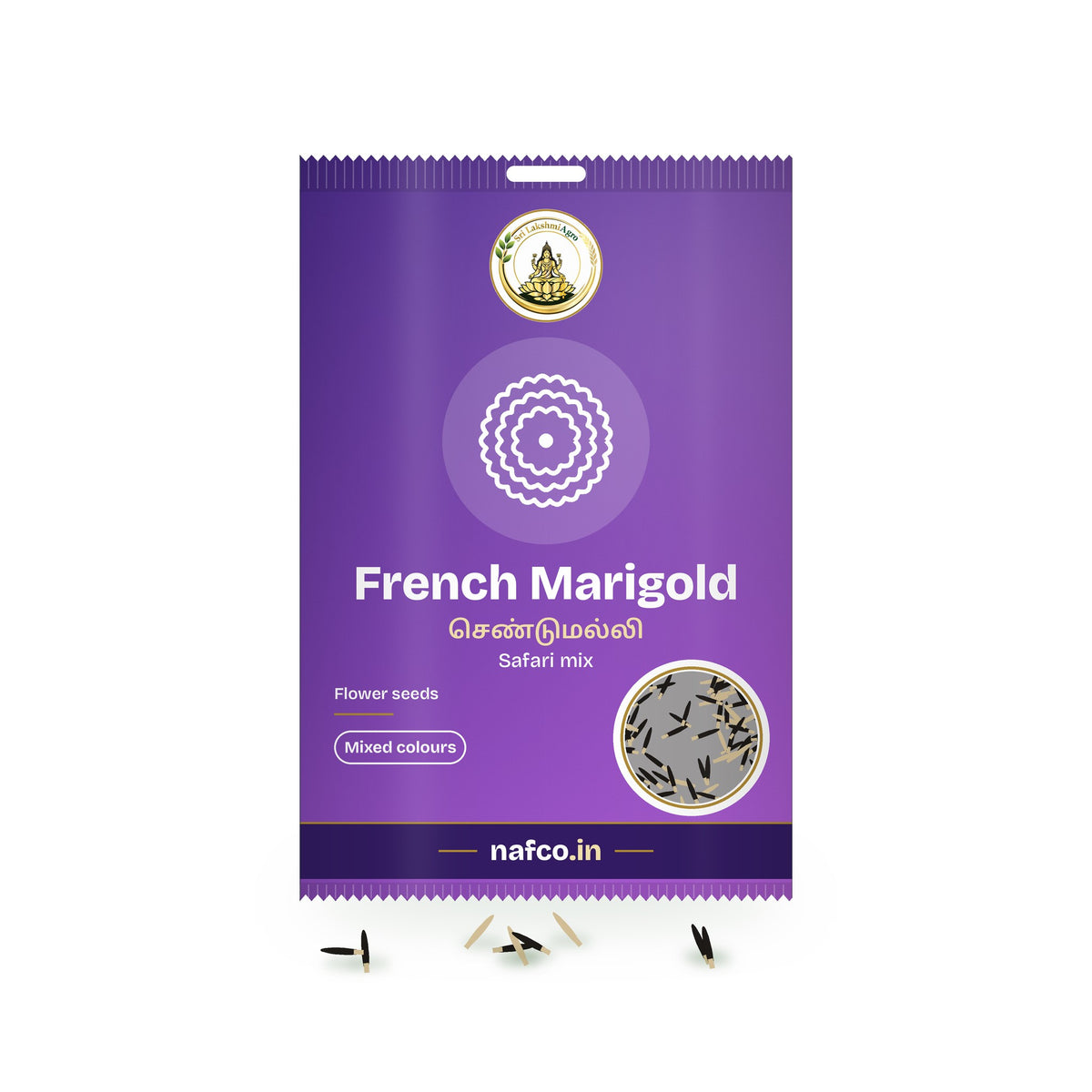 French Marigold Seeds – Safari Mix: Sri Lakshmi Agro seed packet with a window showing the seeds