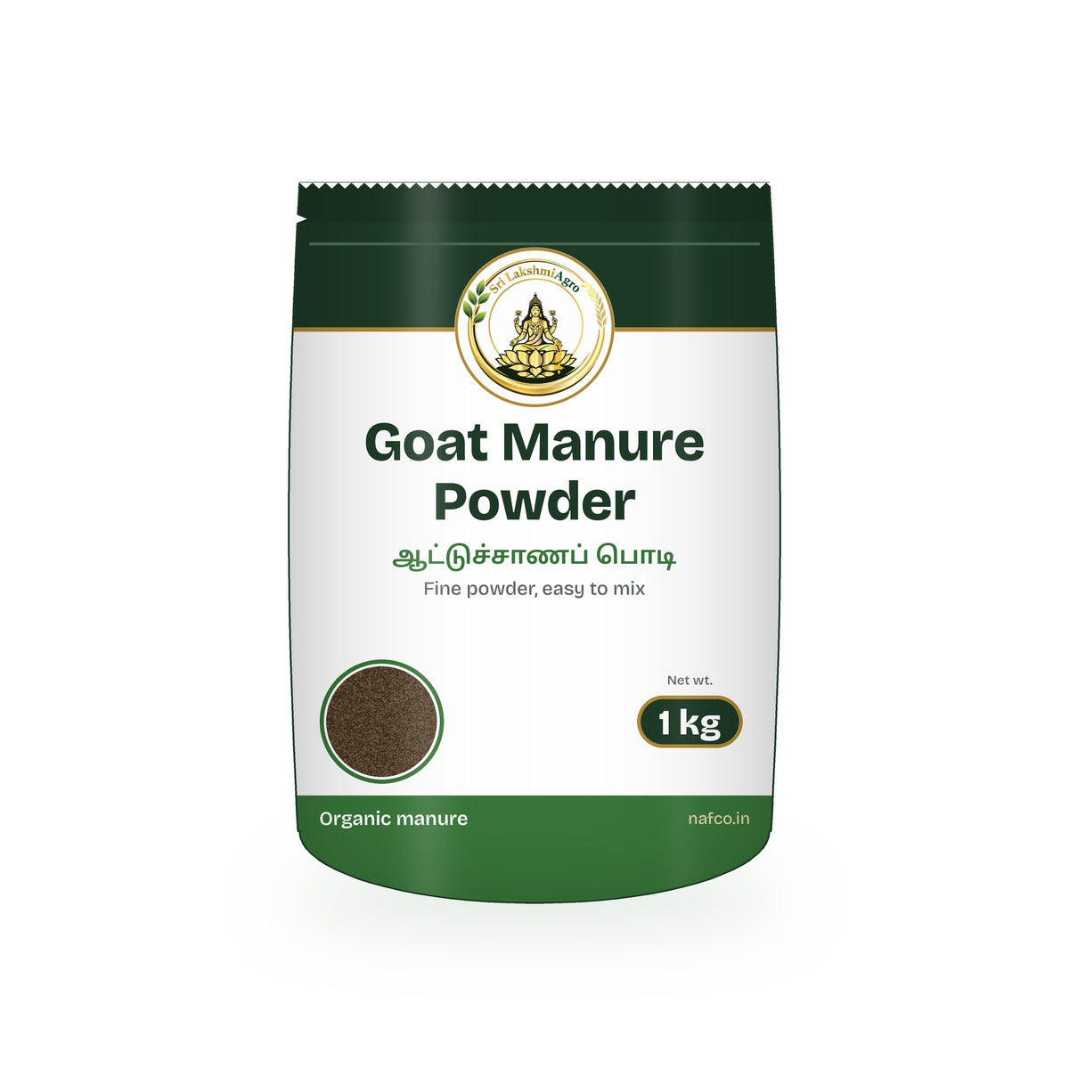Goat Manure Powder – 1 kg in a Sri Lakshmi Agro stand-up pouch