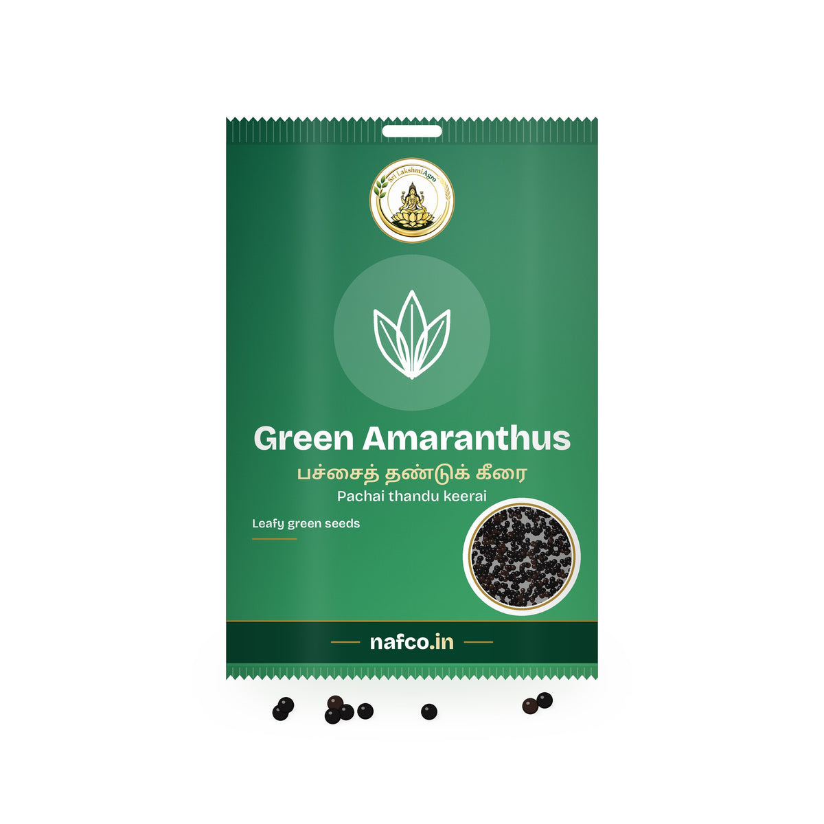 Green Amaranthus Seeds: Sri Lakshmi Agro seed packet with a window showing the seeds