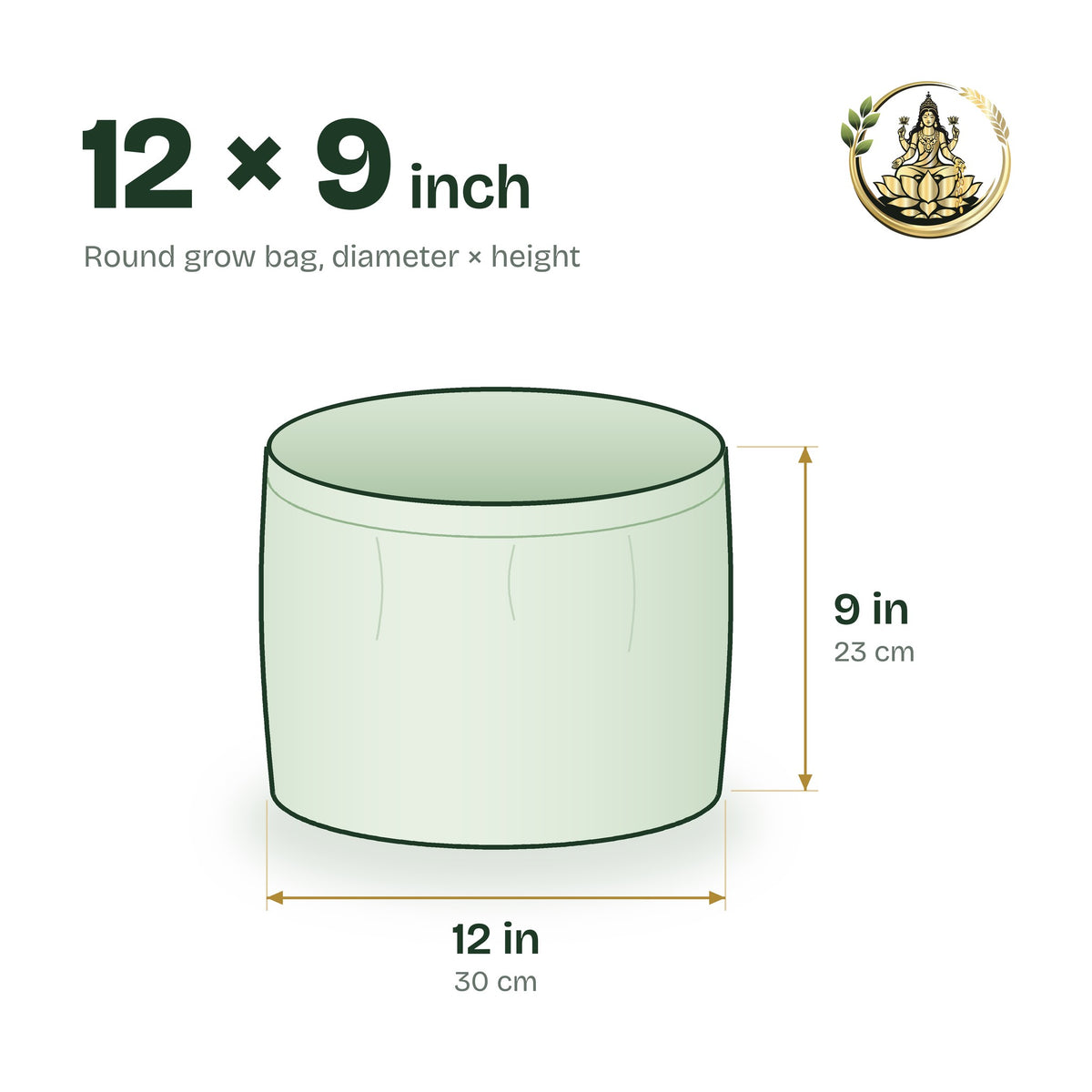 Size guide for the 12 × 9 inch round grow bag