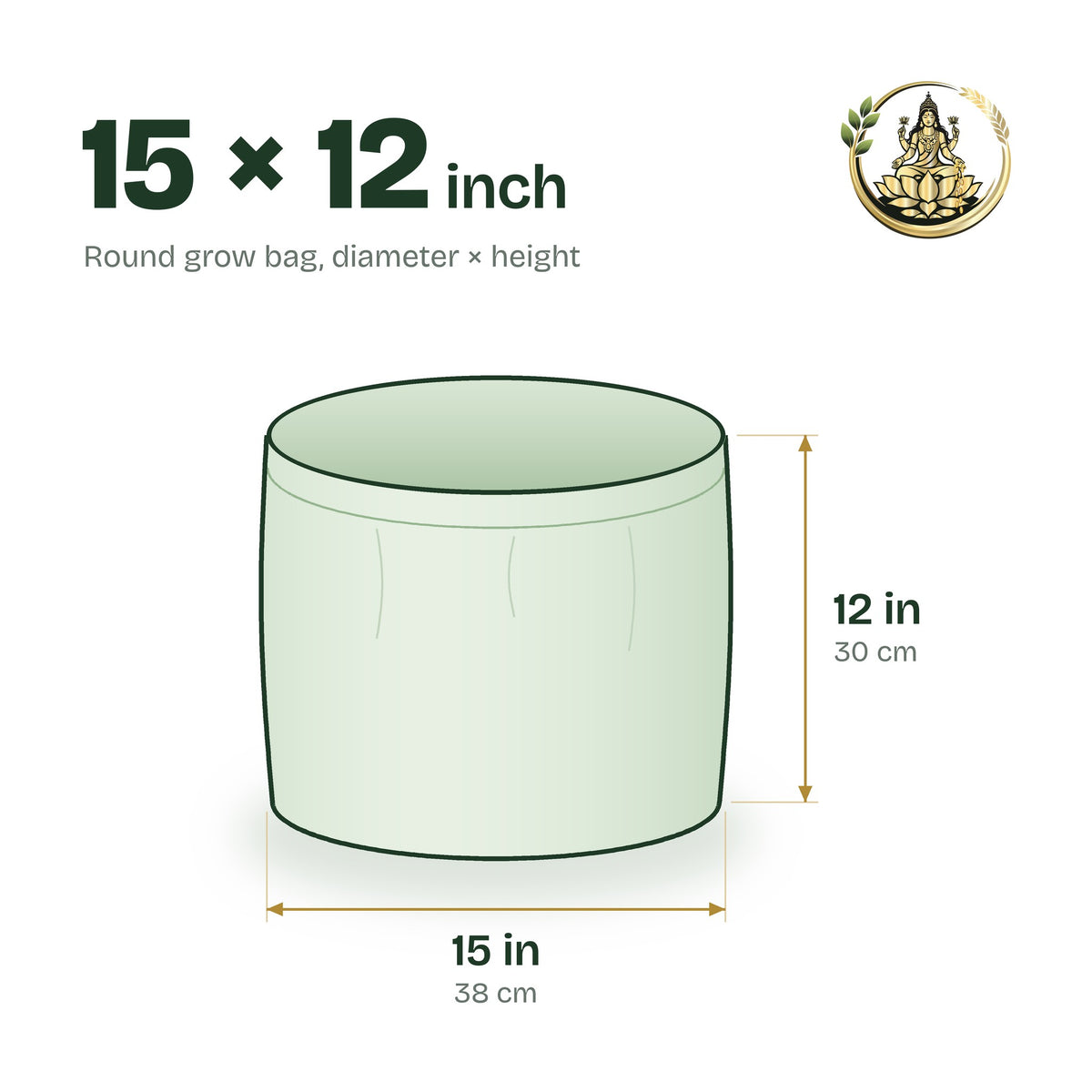 Size guide for the 15 × 12 inch round grow bag