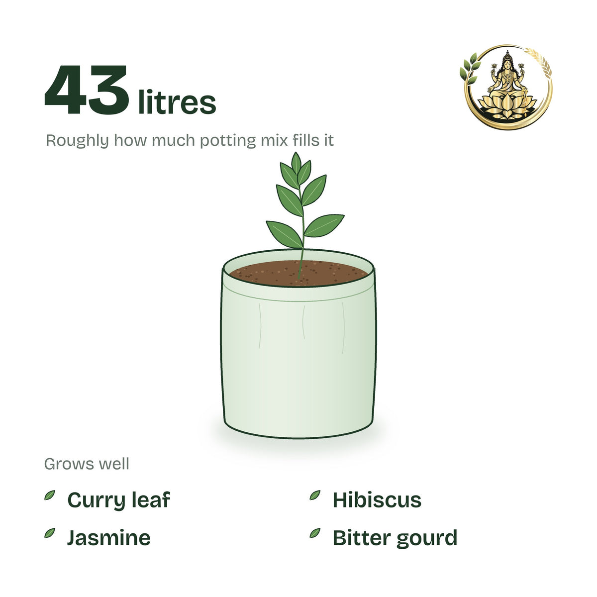 15 × 15 inch grow bag filled with potting mix and a young plant; holds about 43 litres; suits curry leaf, hibiscus, jasmine and bitter gourd