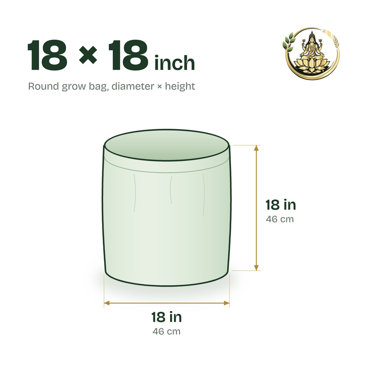 Size guide for the 18 × 18 inch round grow bag
