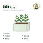 24 × 12 × 12 inch grow bag filled with potting mix and a young plant; holds about 55 litres; suits radish, carrot, beans and onion
