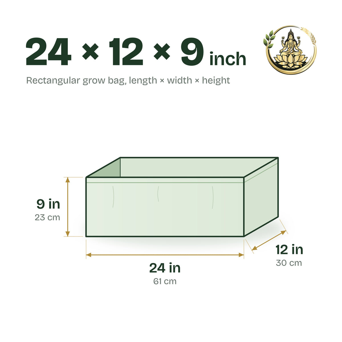 Size guide for the 24 × 12 × 9 inch rectangular grow bag